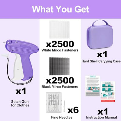 Stitch Gun for Clothes, Fixed Clothing Mini Sewing Kit with Case, Quick Stitch Sewing Gun with 6 Micro Needle, 2500 Black & 2500 White Micro Fasteners, Stitch Tag Gun (Purple)