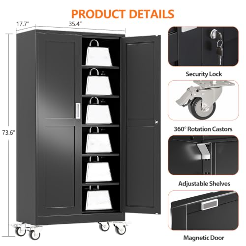 pozdeg 73.6" Black Lockable Rolling Metal Garage Storage Cabinet - color: Black, size: 17.7"D x 35.4"W x 73.6"H
