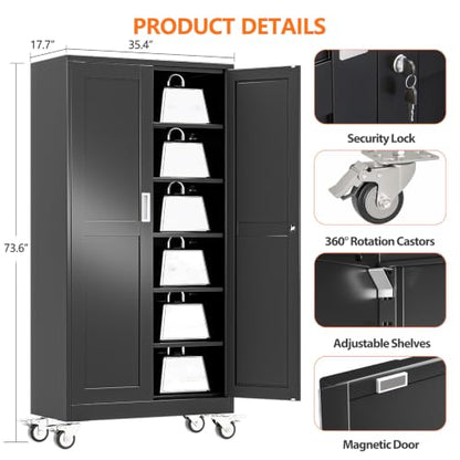 pozdeg 73.6" Black Lockable Rolling Metal Garage Storage Cabinet - color: Black, size: 17.7"D x 35.4"W x 73.6"H