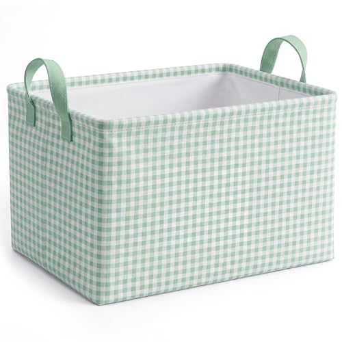 Hushee Green Gingham Basket Checkered Storage Collapsible Bin with Handles - color: Green