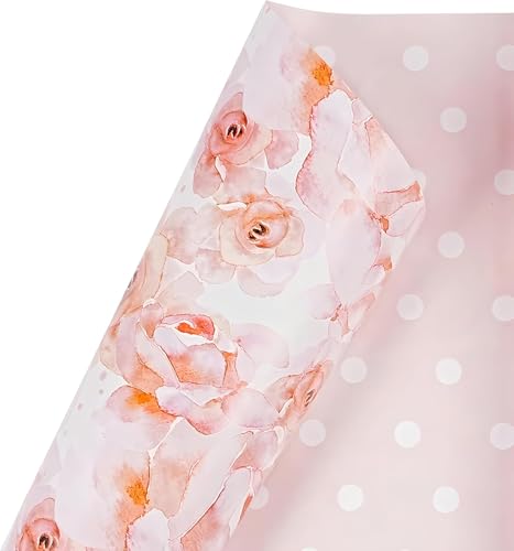 Pink Flower Wrapping Paper, Reversible Pink Wave Point Baby Girl Women Wrapping Paper Gift Wrap for Birthday, Valentines, Mothers day, Graduation, Wedding, Fathers day, Baby Shower (17in x 32.8ft) - color: Pink Floral