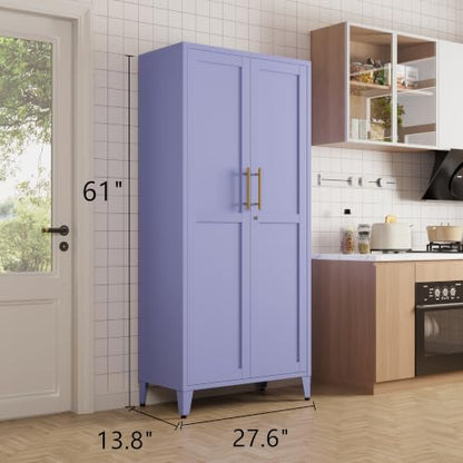 61" Tall Purple Lockable Metal Storage Cabinet, Farmhouse Pantry Cabinet with 2 Square-Pattern Doors & 3 Adjustable Shelves, Freestanding Cupboard with Legs for Home, Office, Laundry, Entryway - color: Lilac, style: Cabinet-61"H-DL