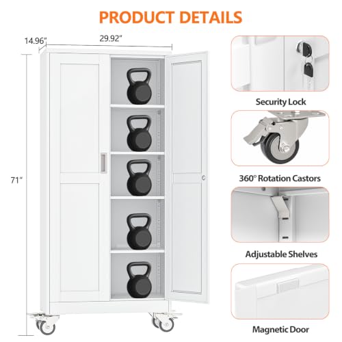 pozdeg 71" White Lockable Rolling Metal Garage Storage Cabinet - color: White, size: 14.96"D x 29.92"W x 71"H