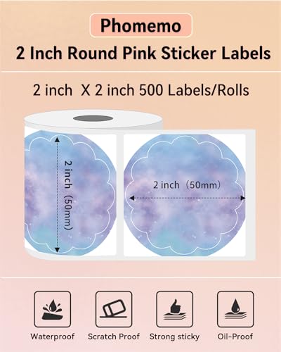 Phomemo 2” Color Circle Thermal Labels, Self-Adhesive Round Direct Sticker Label, Commercial Grade Custom Stickers - 500PCS Labels/Roll - color: Wavy Purple-750