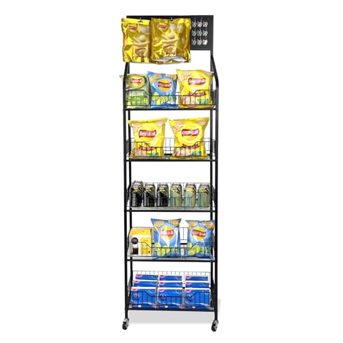 TONGMO 5 Tier Snack Rack Display Stand - Retail Display Shelves with Top Pegboard, 15 Hooks, Bakery Display Rack on Wheels for Easy Mobility and Organization (Black, 5‑Tier) - color: Black