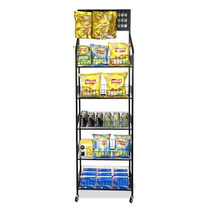 TONGMO 5 Tier Snack Rack Display Stand - Retail Display Shelves with Top Pegboard, 15 Hooks, Bakery Display Rack on Wheels for Easy Mobility and Organization (Black, 5‑Tier) - color: Black