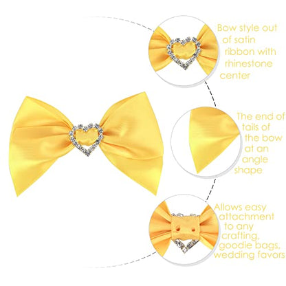 AIMUDI Pre-Tied Yellow Gold Satin Bows with Rhinestone 3" Yellow Ribbon Bows with Heart Diamante Bows for Gift Wrapping Small Bows for Crafts Wedding Embellishment Shower Party Favors - 12 PCs - color: Yellow Gold