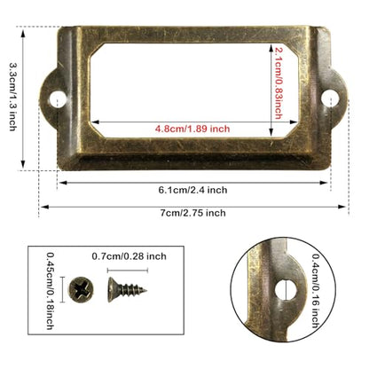 30PCS Metal Label Holders,Shelf Label Holder for Wood Shelves,Name Card Holder,Label Holder for Drawer Cabinet. 70x33mm Bronze Card Catalog Drawer Label Frame with 60PCS Screws,by ChanQnTon.
