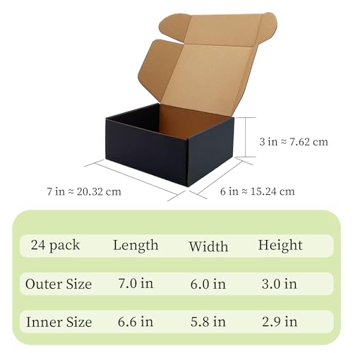24 Pack 7x6x3 inch Black Shipping Boxes, Cardboard Packaging Mailing Boxes - size: 7x6x3 Inches