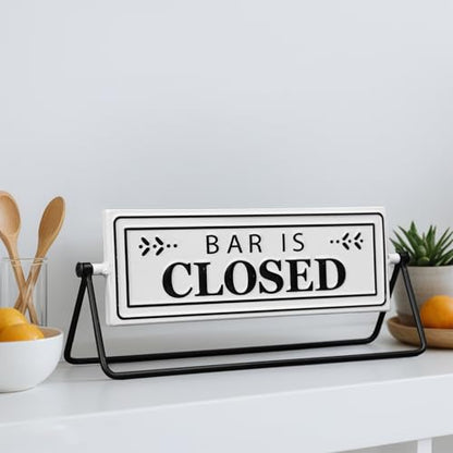 Swivel Bar is Open Closed Sign, Handmade Metal Tabletop Decor for Kitchen or Office Coffee Bar Decor with Black Stand and Embossed Letters
