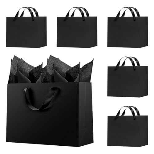 Offizon 6 Pcs Black Gift Bags, 8.7x3.9x7.1inch Paper Bag with Black Tissue Paper, Small 5-Sense Party Favor Bags (22x10x18cm) - color: Small-Black6-6PCS