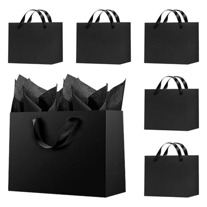 Offizon 6 Pcs Black Gift Bags, 8.7x3.9x7.1inch Paper Bag with Black Tissue Paper, Small 5-Sense Party Favor Bags (22x10x18cm) - color: Small-Black6-6PCS