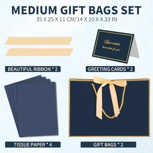 woric 13.7" Large Gift Bags with Handles, 2 Pack Navy Blue Paper Gift Bags - color: Navy Blue