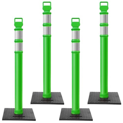 Kanayu 49 Inch 4 Packs Traffic Delineator Posts with 8.8 Lbs Rubber Base PE Delineator Post Portable Parking Pole Traffic Cone Barrier with Removable Base, Reflective Band(Green) - size: Green
