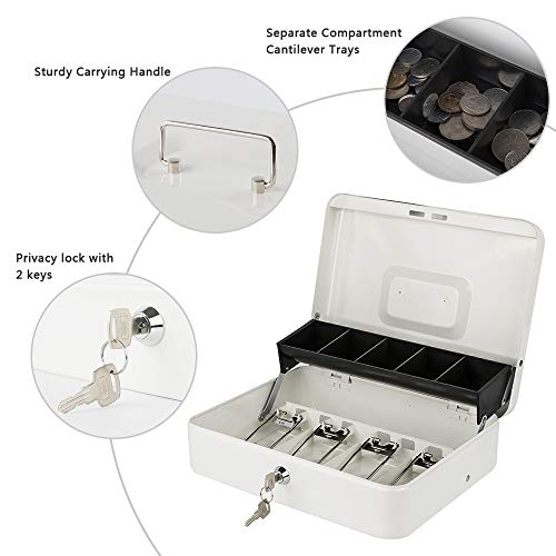 KYODOLED Locking Cash Box with Lock,Money Box with Cash Tray,Lock Safe Box with Key,Money Saving Organizer,11.81Lx 9.45Wx 3.54H Inches,White XL Large - color: White