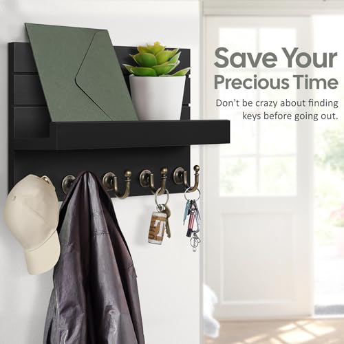 HONJIN Key Holder Wall Mount with Shelf and 5 Sturdy Key Hooks (Black) - color: 5 hooks Black