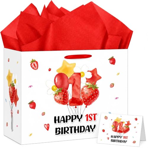 Strawberry 1st Birthday Gift Bag for Baby Girls with Tissue Paper and Card