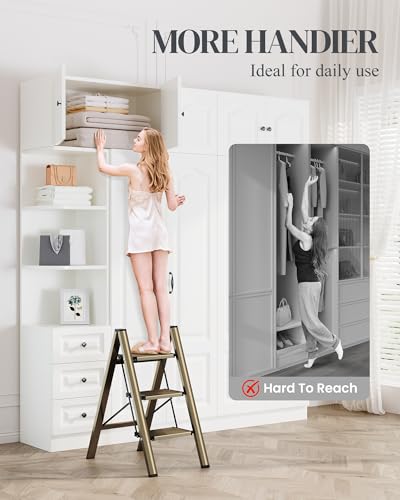 3 Step Ladder, Foldable Aluminum Step Stool with Anti-Slip Pedal - color: Champagne Gold, size: 3 Step