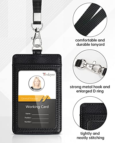 Teskyer Leather ID Badge Holder with Lanyard, Vertical Lychee Black - color: Lichee Black, size: Vertical