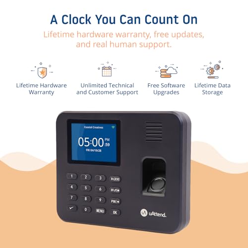 uAttend RE2000 Biometric Time Clock for Employees – Fingerprint + PIN Punching, Wi‑Fi Cloud Time & Attendance System with Offline Storage, Payroll-Ready – Small Business Time Tracking