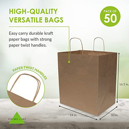 Prime Line Packaging Kraft Paper Bags with Handles, 14x10x16.5 In, 50 Pack - size: 14x10x16.5 Inch
