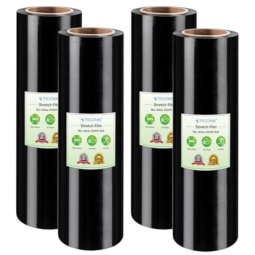 TICONN Stretch Wrap Roll, 18 in x 1000 ft Plastic Wrap for Moving Furniture - style: 18''-4PK Black (No handle)