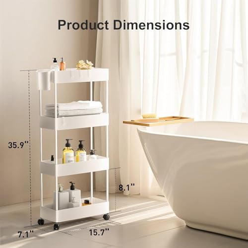Pipishell 4 Tier Slim Storage Cart with Wheels, Laundry Cart, White - color: White, size: 4-Tier