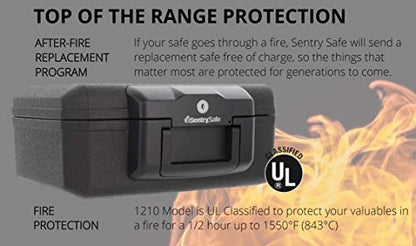 SentrySafe Fireproof Safe with Key Lock, Chest Lock Box for Home or Travel Secures Money, Documents, 0.18 Cubic Feet, 6.1 x 14.3 x 11.2 Inches, 1210 - size: 0.18 cu. ft., style: Fire resistant box with bolt down kit