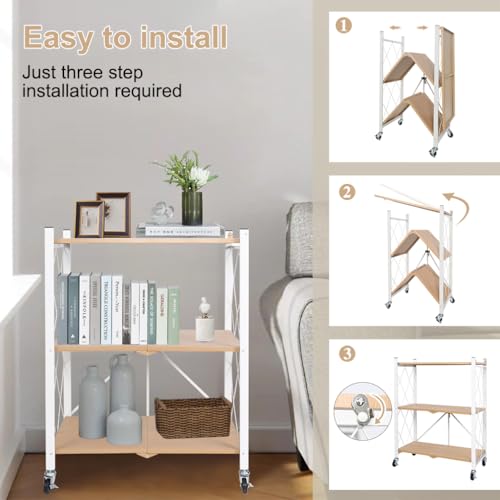 Hershii 3-Tier Foldable Storage Shelves with Wheels Heavy Duty Metal Shelf - size: 3-Tier (35.2 X 27.5 X 13.38 IN)