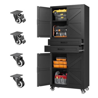 Letaya Metal Garage Storage Cabinets with Wheels,Black Rolling Tool Cabinet - color: Black, size: 16” D x 31.5” W x 73” H