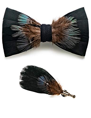 RBOCOTT Handmade Feather Pre-tied Bow tie and Brooch Sets for Men - color: Black/Brown/Turquoise