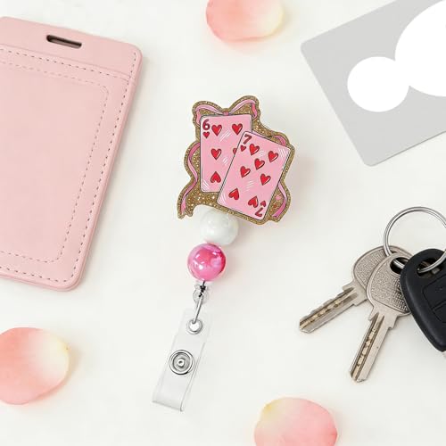 Valentines Beaded Badge Reel 67 Retractable Love Heart Badge Reel Rotate Acrylic Badge Clip Cute ID Badge Holder Retractable Clip Valentines Id Holder for Nurse Doctor Teacher Student Worker - color: Sixty-seven14-10