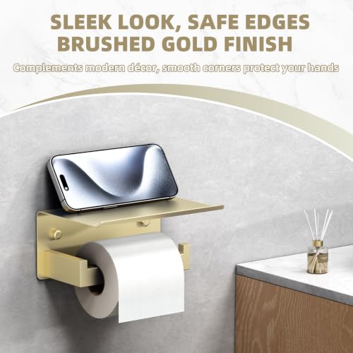 APLusee Brushed Gold Toilet Paper Holder with Shelf, 304 Stainless Steel Wall Mount Tissue Roll Holder for Bathroom - color: Brushed Gold, size: Single Rod