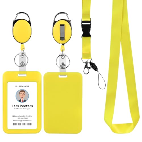 Yellow Lanyard with Vertical Id Holder, Retractable Heavy Duty Oval Carabiner Clip, ABS Casing Badge Holders,for Teacher Student Nurse Office - color: Yellow, size: 2 Vertical Holders, 2 Oval Reels, 1 Lanyard