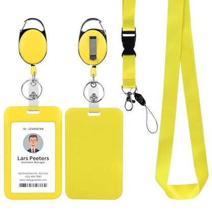 Yellow Lanyard with Vertical Id Holder, Retractable Heavy Duty Oval Carabiner Clip, ABS Casing Badge Holders,for Teacher Student Nurse Office - color: Yellow, size: 2 Vertical Holders, 2 Oval Reels, 1 Lanyard