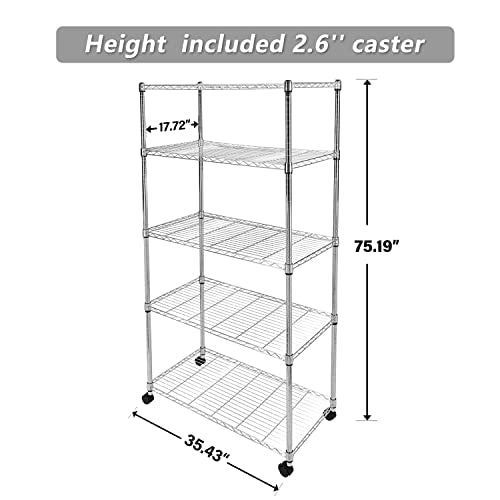 Simple Deluxe Heavy Duty 5-Shelf Storage Shelves, 1750Lb Loading Capacity, 35.43" W x 17.72" D x 70.87" H Adjustable Shelving Unit with Wheels, Chrome - size: 5-Tier, 35.43"W x 17.72"D x 70.87"H