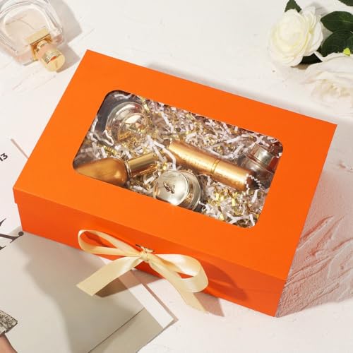 Orange Gift Box for Presents with Ribbon 10.8x7.5x3.5 Inches Clear Gift Box with Window Magnetic Closure Gift Boxes with Lids - color: Orange-10.8x7.5x3.5 Inches (Pack of 1)
