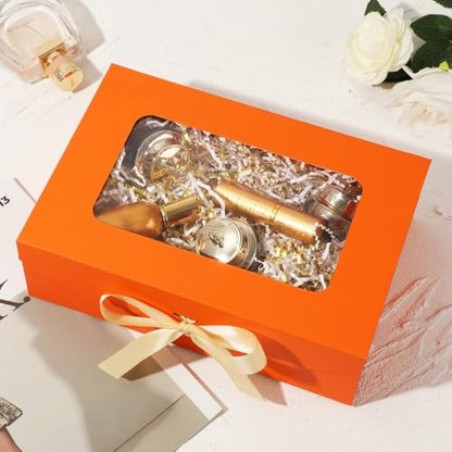 Orange Gift Box for Presents with Ribbon 10.8x7.5x3.5 Inches Clear Gift Box with Window Magnetic Closure Gift Boxes with Lids - color: Orange-10.8x7.5x3.5 Inches (Pack of 1)