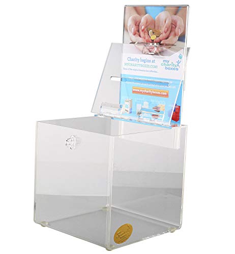 Comment and Suggestion Box Charity Collection and Ticket Raffle Box Acrylic tip jar with Lock and Display Area Insert plexiglass Donation Box with Slot (Clear 6.25" X 6.25") - color: Medium Square Shaped Box