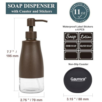 Gaussra Matte Brown Soap Dispenser with Coaster & Stickers - 11 OZ / 320 ML - color: Matte Brown
