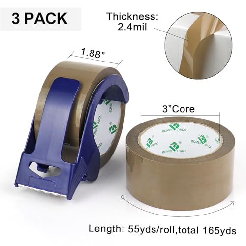 BOMEI PACK Packing Tape with Blue Dispenser Brown Packaging Tape for Shipping Moving Strong Sealing Adhesive Industrial Depot Tapes for Storage 1.88 inch x 55 Yards, 3 Rolls - color: brown