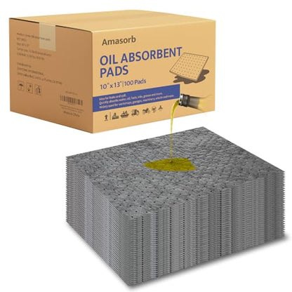 Oil Absorbent Pads 100 Pcs- 9.8 x 13 Inch-Universal Leak, Drip, and Spill Control, Garage Accessories Absorbent Mat for Oil Water, Ideal for Extra-Heavy Spills