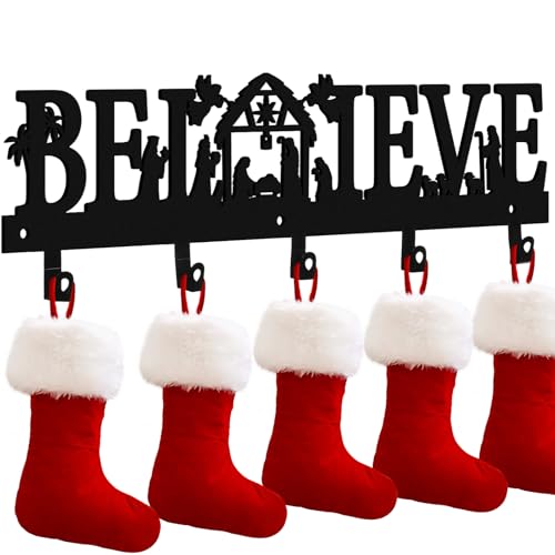 Cinnvoice Nativity Christmas Stocking Holder for Wall, 5 Hangers, Believe - style: Believe