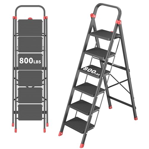DIAMONDFORGE 6-Step Folding Step Stool Ladder with Handle, Anti-Slip Wide Pedals & Feet, 800lbs Capacity Sturdy Ladder for Home Kitchen Adults, Black Red - color: Black and Red, size: 6 Step