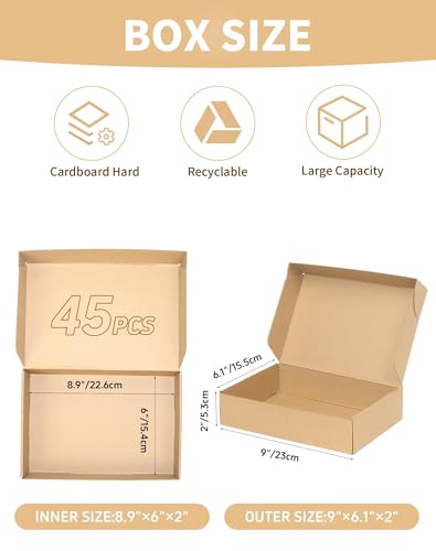45 Pack Small Shipping Boxes, 9x6x2 Inch Brown Cardboard Boxes for Small Business - color: Brown, size: 9x6x2 inch