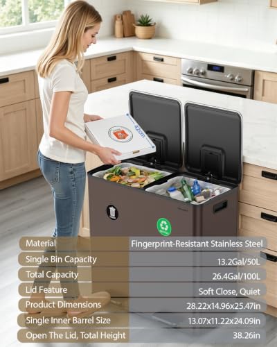Dual Trash and Recycling Bins for Kitchen, 2*13.2 Gal Dual Trash Can, Brown - color: Brown, size: 2 * 13.2 Gallon