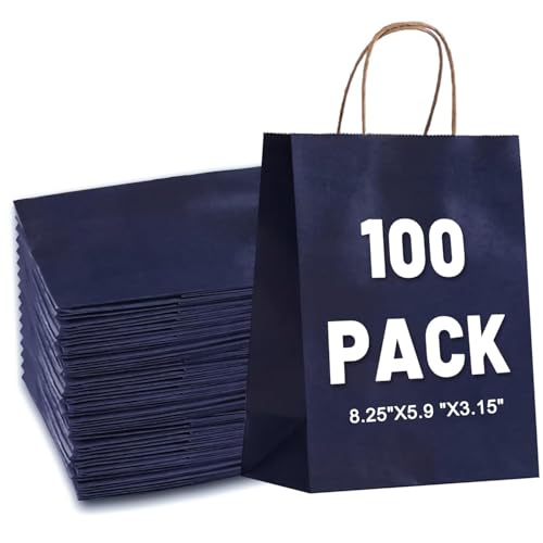 LIHOMR Gift Bags 5.9"x3.15"x8.25", 100pcs Kraft Paper Bag with Handles - color: Navy blue, size: 8.25 x5.9x3.15 Inch (Pack of 100)