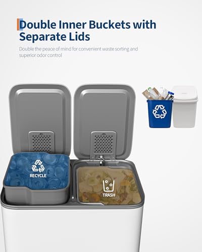 GarveeHome 2 x 4 gal Stainless Steel Double Trash Can with Lid for Kitchen, Large Dual Trash and Recycle Bin Combo, Step-on Kitchen Metal Garbage Cans, PP Inner Buckets, Liner Rim, White - color: Grayish-White, size: 2 x 4 gallon