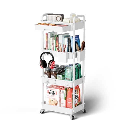 Sorgion 4 Tier Rolling Cart Organizer,Art Craft Diaper Bedside Snack Laundry Room Bathroom Organizer Narrow Thin Slim Rolling Trolley Utility Cart with Wheels for Kitchen,Office(White) - size: 4Tier-White
