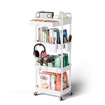 Sorgion 4 Tier Rolling Cart Organizer,Art Craft Diaper Bedside Snack Laundry Room Bathroom Organizer Narrow Thin Slim Rolling Trolley Utility Cart with Wheels for Kitchen,Office(White) - size: 4Tier-White
